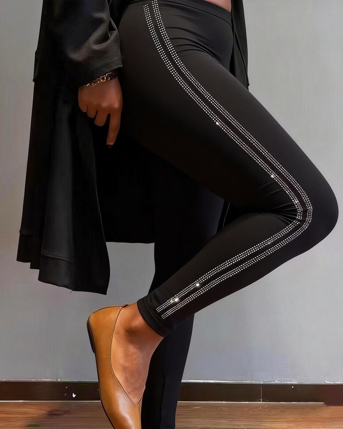 Double Striped Rhinestone High-waisted Stretch Leggings