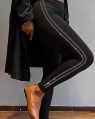 Double Striped Rhinestone High-waisted Stretch Leggings