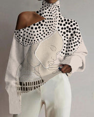 Art Colorblock Polka Dot Black Print Hollow Neck Top