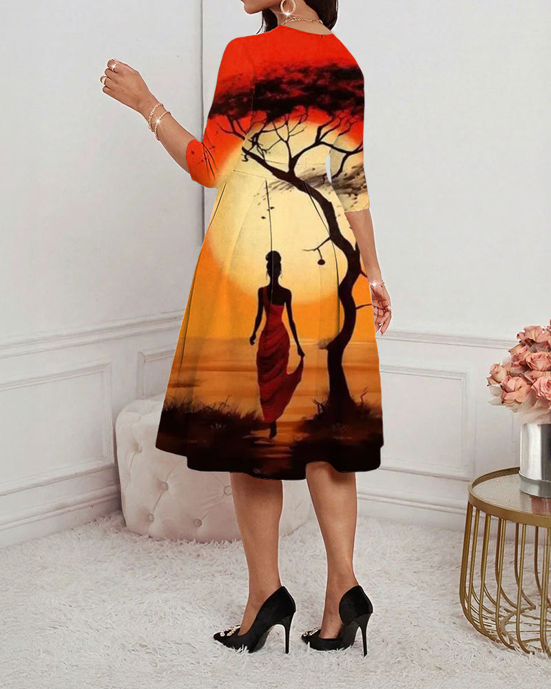 Prairie Sunset Black Women Round Neck Long Sleeves Midi Dress