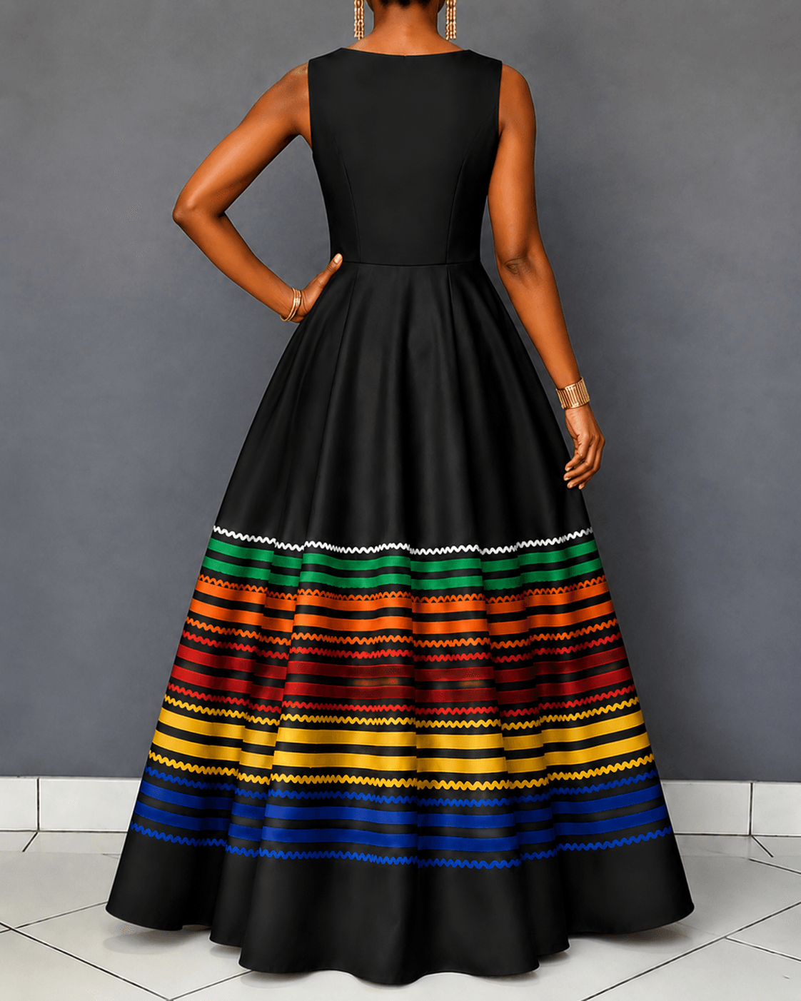 Stylish Color-Block Stripes Printed Fabric Print Sleeveless Maxi Dress