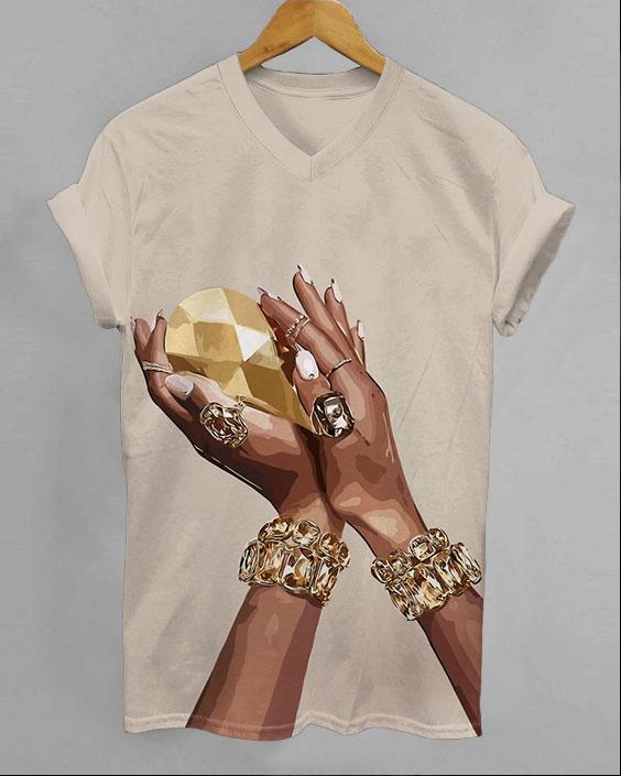 Gold Diamond Bracelet V-neck Short Sleeve Tshirt