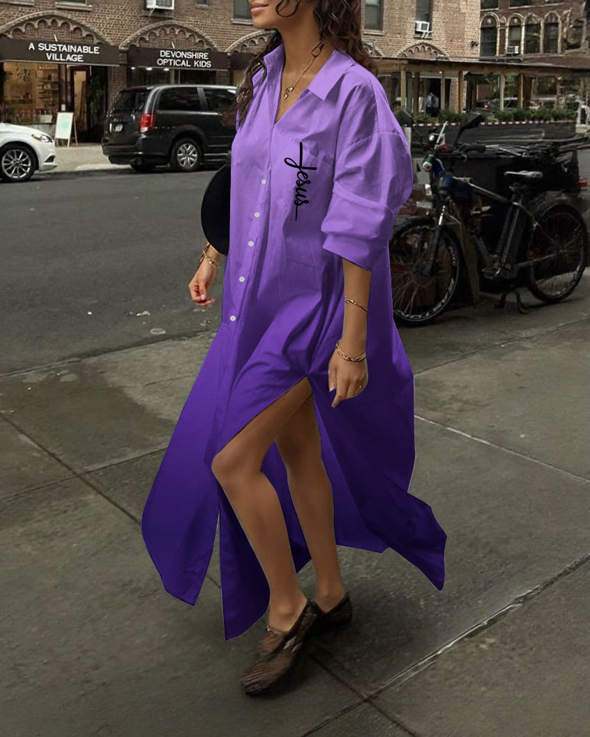 Gradient Color Faith Letters Hem Slit Shirt Collar Long Sleeve Maxi Dress