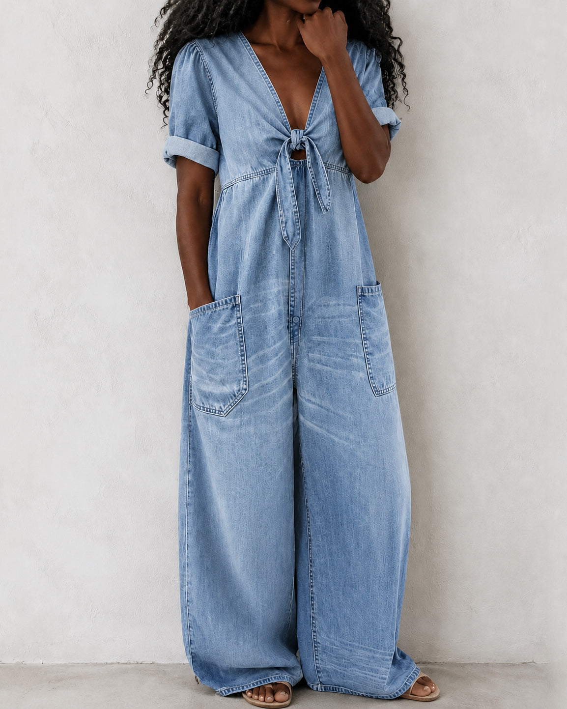 V-neck Bow-tie Denim Loose Wide-leg Jumpsuit