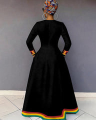 V-Neck African Geometric Reggae Stripes Color Pocket Long-Sleeved Maxi Dress