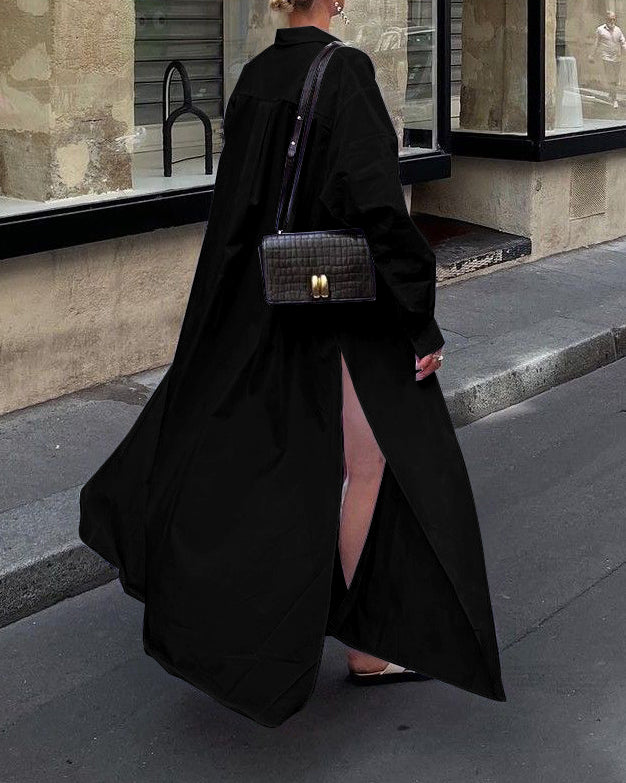 Face Art Graffiti Hem Slit Shirt Collar Long Sleeve Maxi Dress