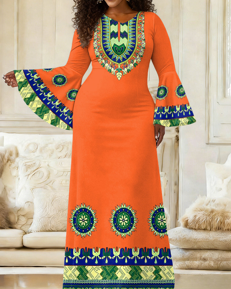 Women'S Elegant Bell-Sleeve Classic African Totem Prints Fitted Dress