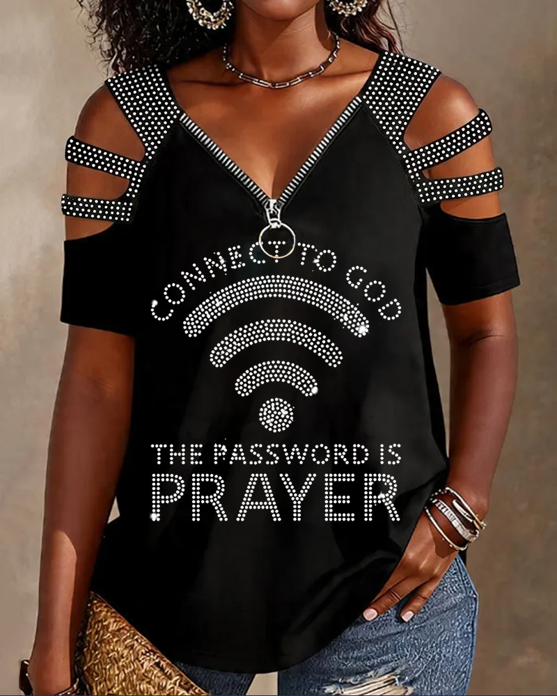 Connect To God,The Password IS Prayer Off-shoulder Zip Neck Short-sleeve Top