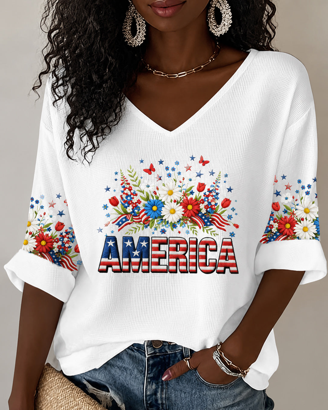 4th Of July 2026 Patriotic Floral V-neck Half Sleeved Loose Top