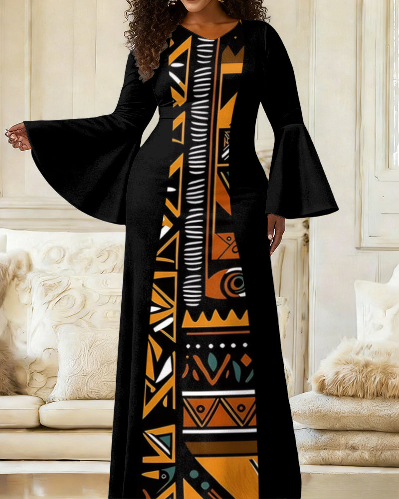 Women'S Elegant Bell-Sleeve Retro Totem Print Patchwork Splicing Fitted Dress