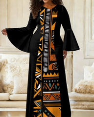 Women'S Elegant Bell-Sleeve Retro Totem Print Patchwork Splicing Fitted Dress