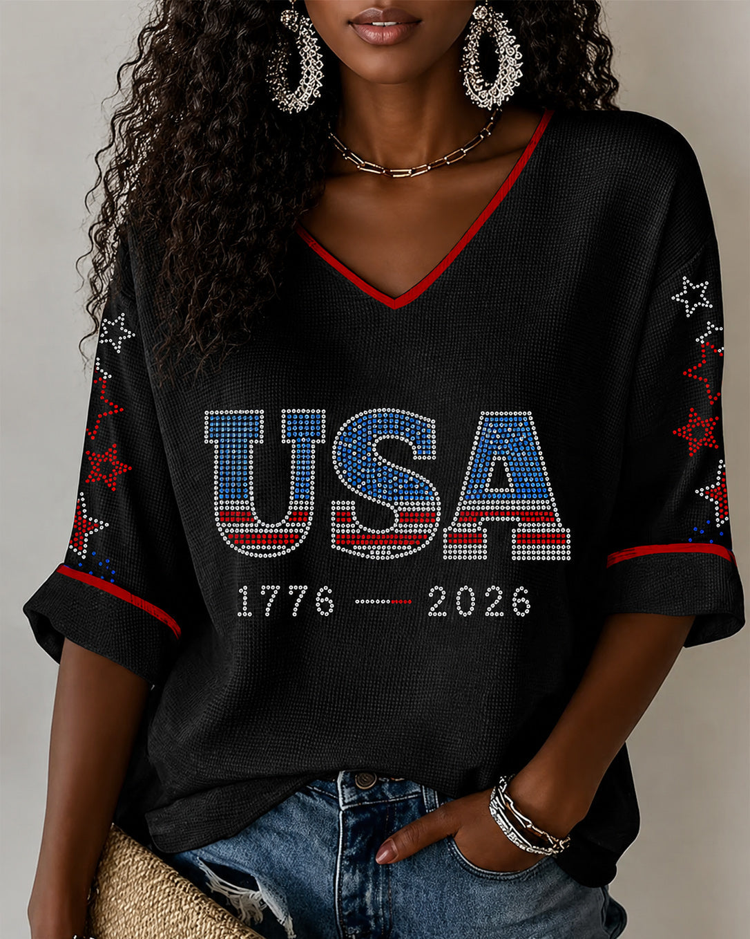America 1776-2026 Print V-neck Half Sleeved Loose Top
