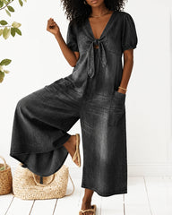 V-neck Bow-tie Denim Loose Wide-leg Jumpsuit