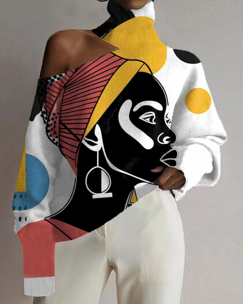 Black Art Colorblock Hollow High Neck Ladies Top