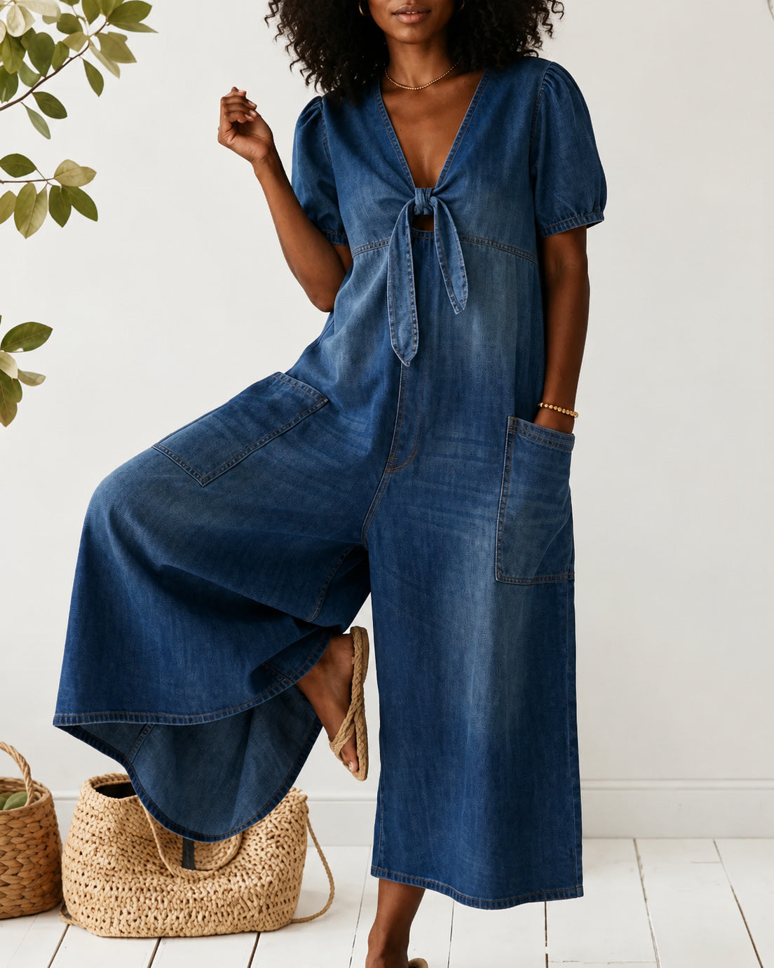 V-neck Bow-tie Denim Loose Wide-leg Jumpsuit