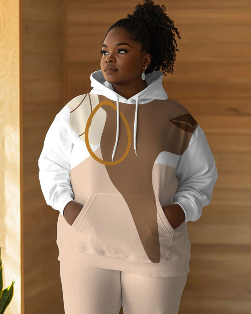 Brown Girl O-ring Earring Print Long Sleeve Hooded Two Pieces Set