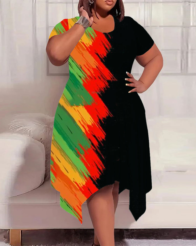 Juneteenth Colorblock Asymmetric Print Round Neck Short Sleeve Irregular Hem Dress