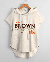 In My Brown Suger Low Hem Drawstring Hooded Tee