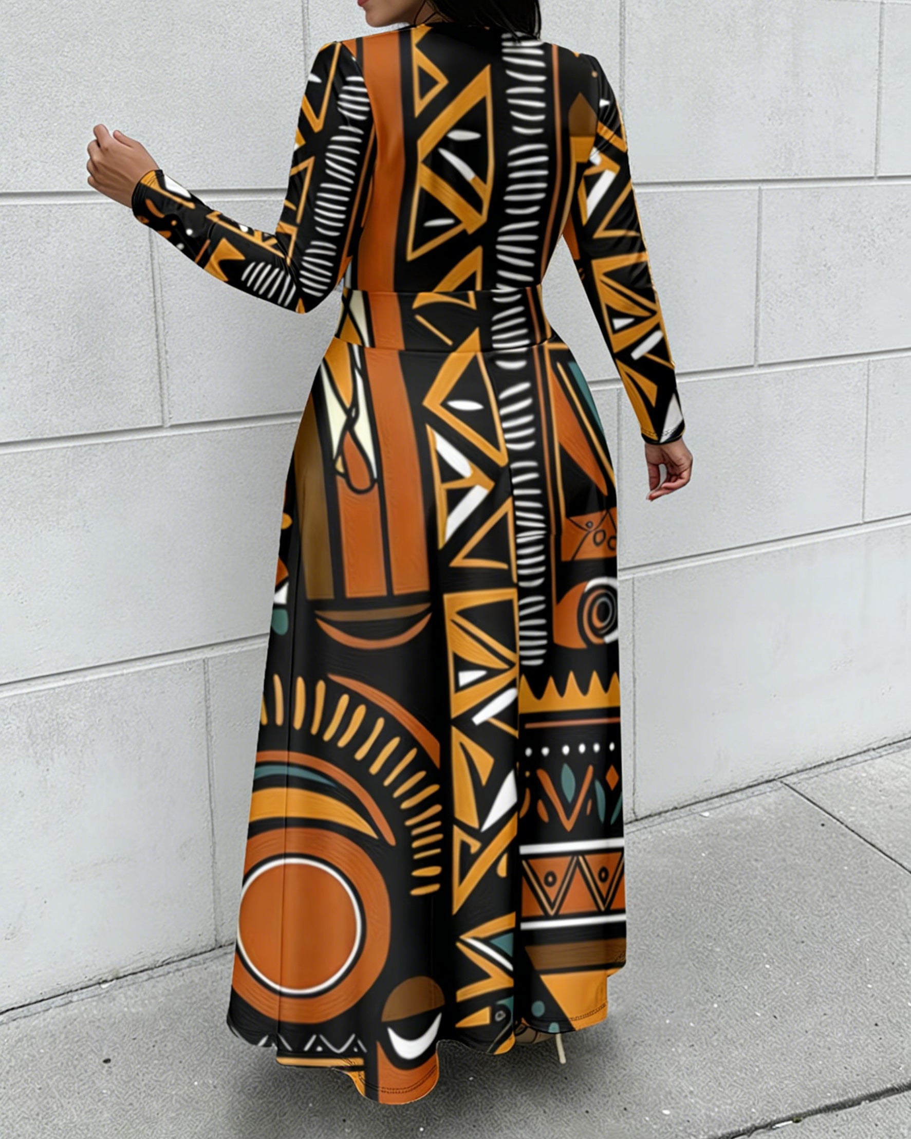 African Geometric Patterns Print Crewneck Long Sleeve Pocket Dress