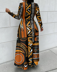 African Geometric Patterns Print Crewneck Long Sleeve Pocket Dress