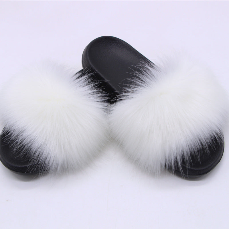 Fox Fur Soft Black Sole Slippers