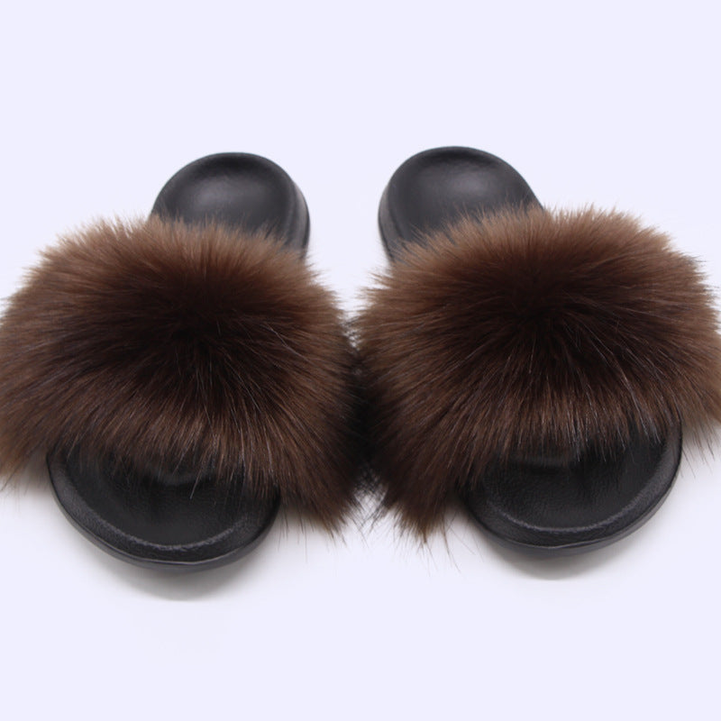 Fox Fur Soft Black Sole Slippers