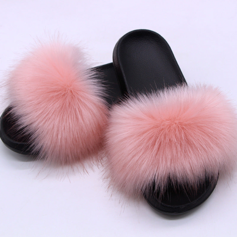 Fox Fur Soft Black Sole Slippers