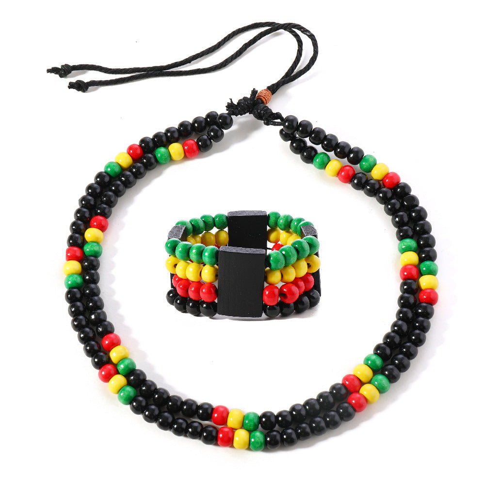 Set of 2 Bohemian Necklaces And Bracelets Featuring Vibrant, Multi-Colored Wooden Beads in Red, Yellow, And Green
