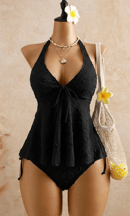 Lace Halter Neck Tie Ruffle Two-piece Swimsuit