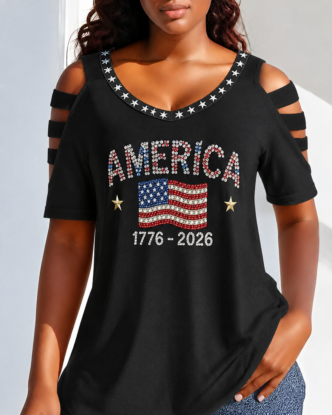 1776- 2026 America Round Neck Hollowed-out Short Sleeve Top