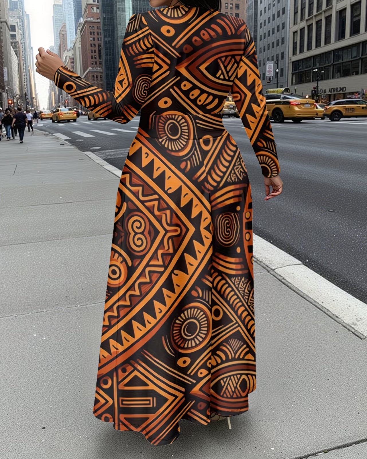 Abstract African Symbols Print Crewneck Long Sleeve Pocket Dress
