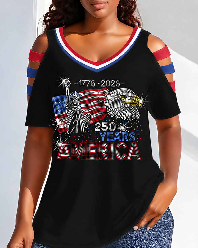 Happy 250 America Round Neck Hollowed-out Short Sleeve Top