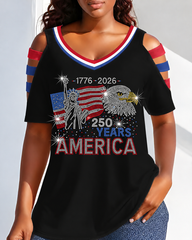 Happy 250 America Round Neck Hollowed-out Short Sleeve Top