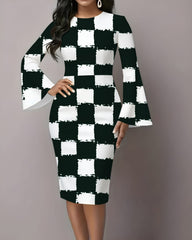 Black and White Plaid Flared Sleeves Midi Bodycon Dresses
