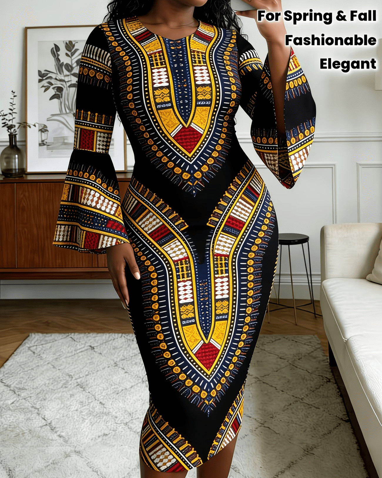 Classic African Prints Black Culture Print Flared Sleeves Mini Dresses