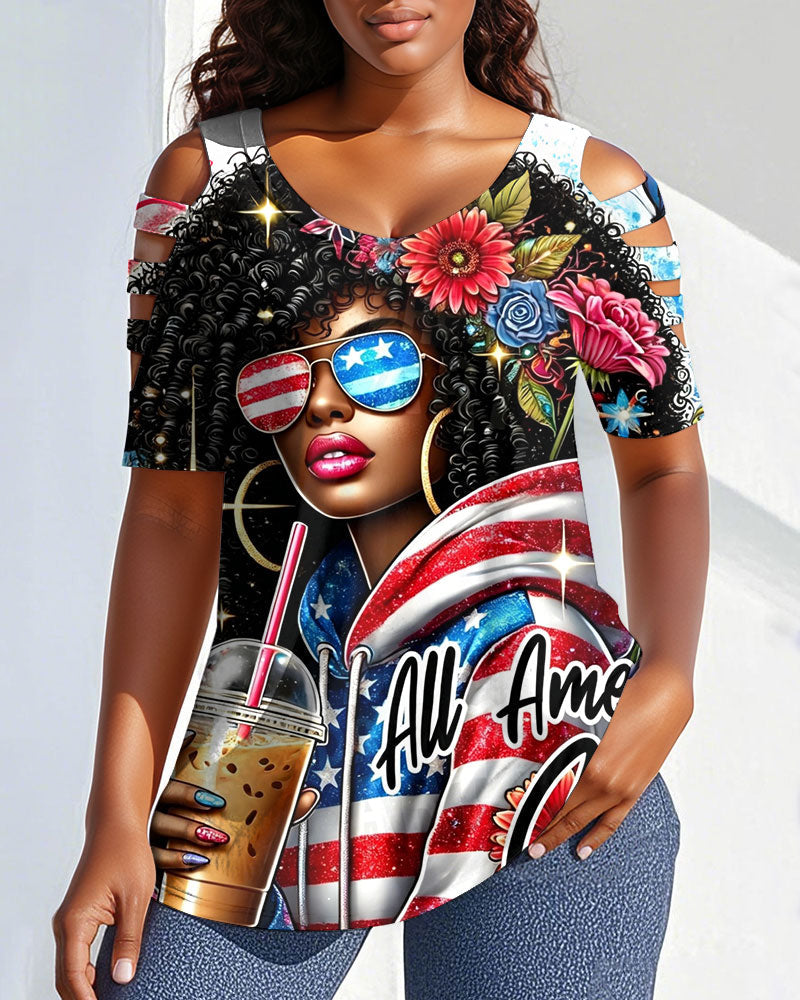 4th of July Afro Woman Round Neck Hollowed-out Short Sleeve Top