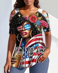 4th of July Afro Woman Round Neck Hollowed-out Short Sleeve Top