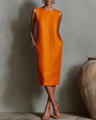 Silk Casual Solid Tailored Sleeveless Midi Dress