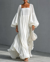 Square Neck Balloon Sleeve Chiffon Maxi Dress