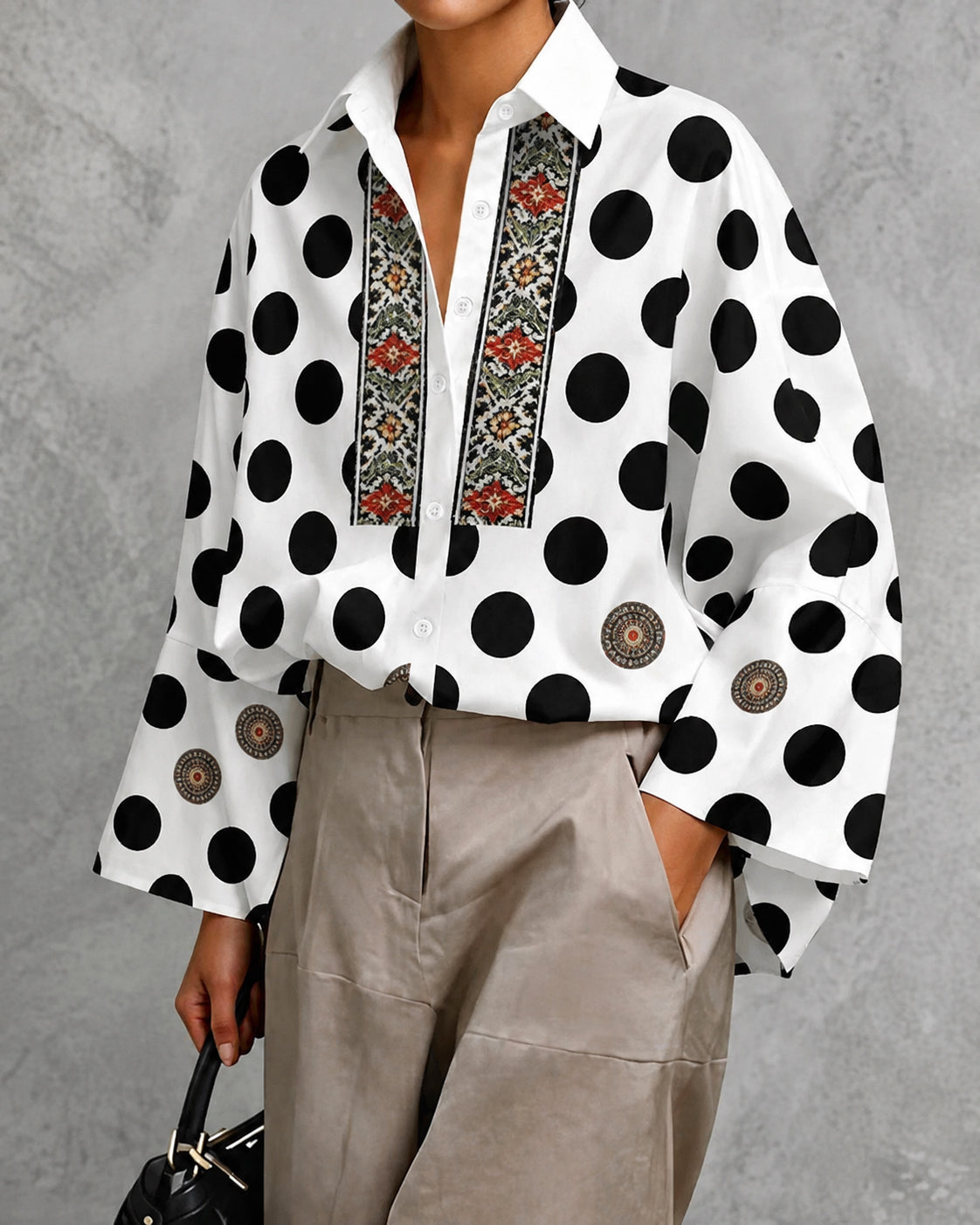 Bohemian Floral Polka Dots Loose Long Sleeves Lapel Blouses&Shirts Tops