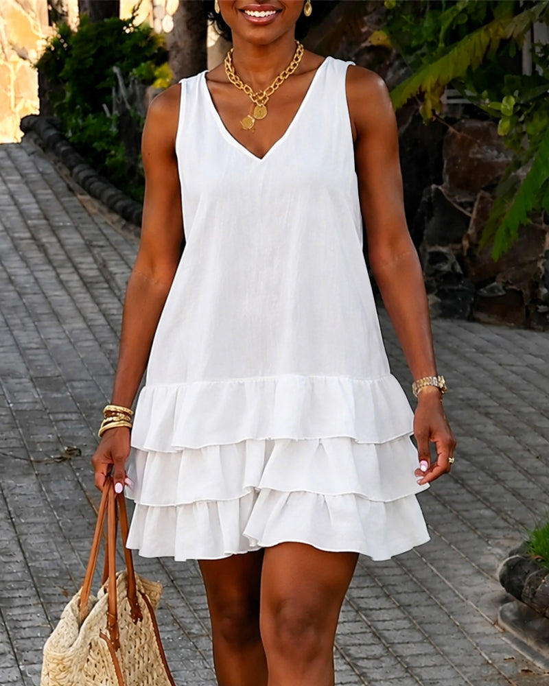 V-Neck Sleeveless Lace Spliced Mini Dress