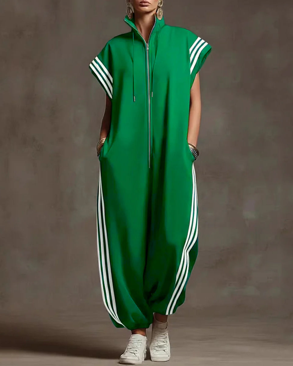 Contrast Color Pockets Split-Joint Striped Zipper Stand Collar Jumpsuits