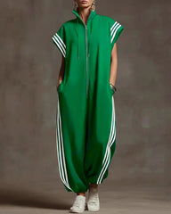 Contrast Color Pockets Split-Joint Striped Zipper Stand Collar Jumpsuits