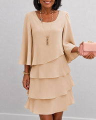Round Neck Three-quarter Sleeves Elegant Layered Ruffle Dress