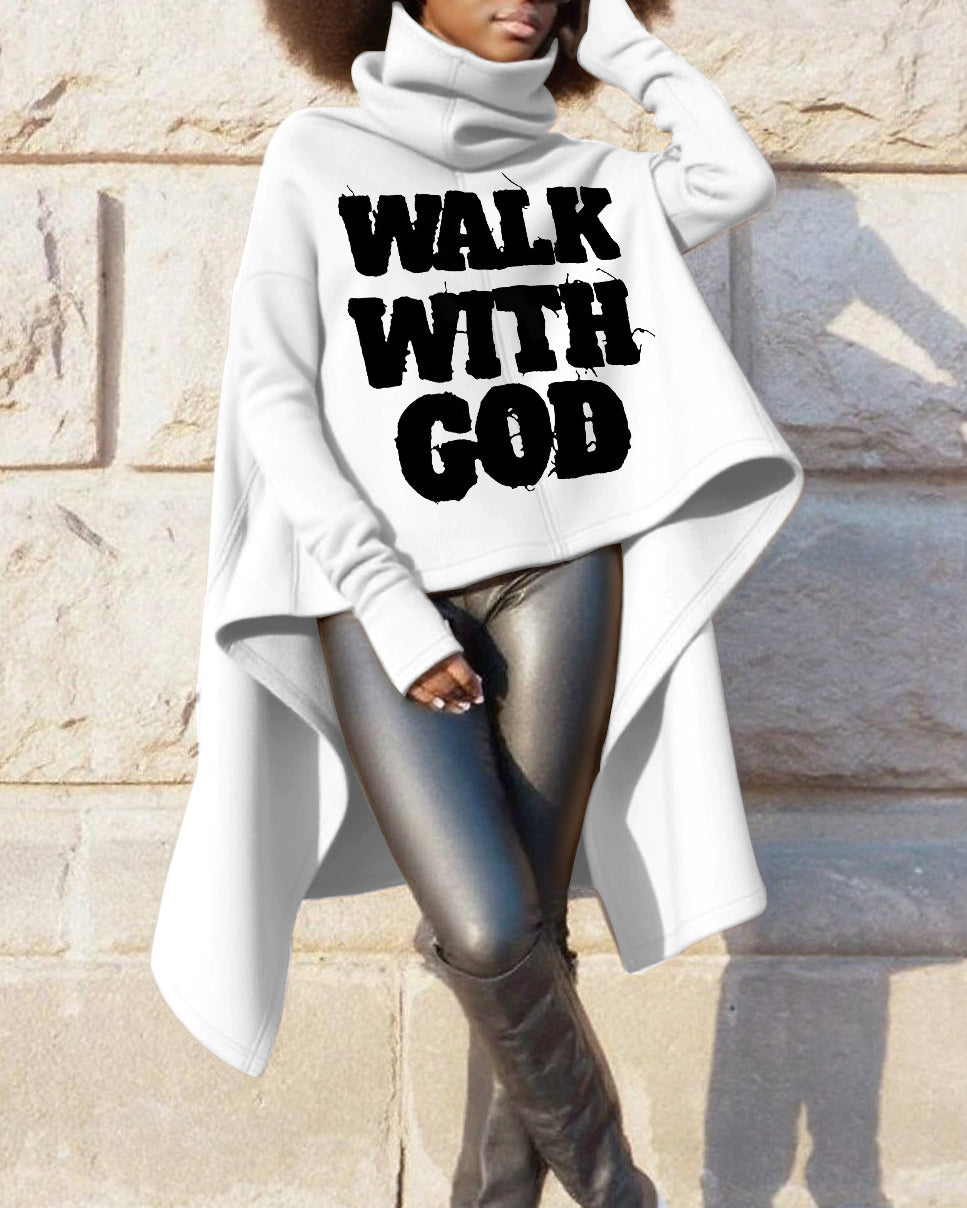 Walk with God High Collar Pullover Irregular Long Sleeve Warm Sweatshirt