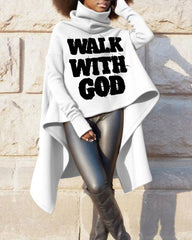 Walk with God High Collar Pullover Irregular Long Sleeve Warm Sweatshirt