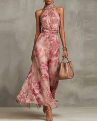 Chiffon Flowers Sleeveless High Waist Floral Print Maxi Dress