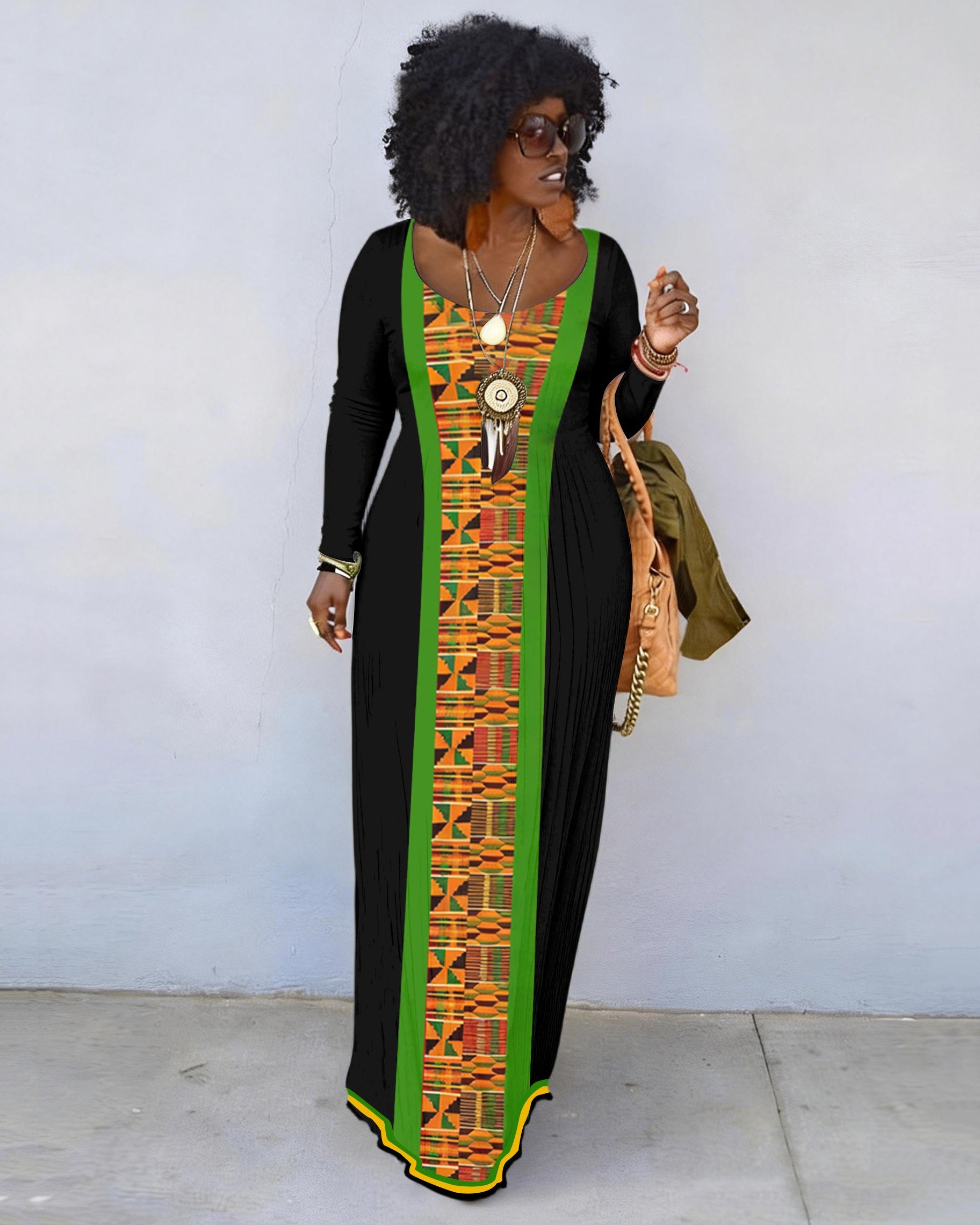 African Geometric Print Crew Neck Long Sleeve Dress