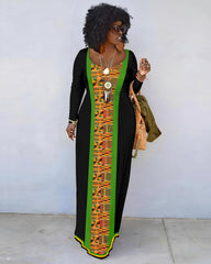 African Geometric Print Crew Neck Long Sleeve Dress