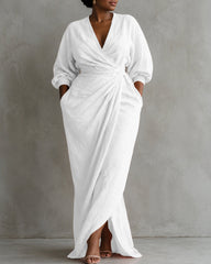 Linen Blend Loose V-neck Pleated Waist Casual Pocket Maxi Dress